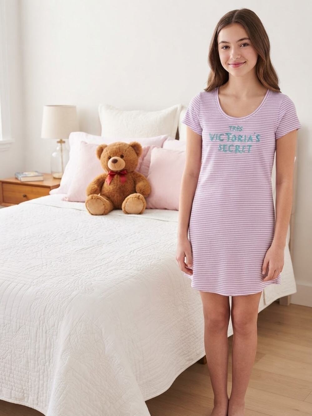 Victoria's Secret Pink Purple Striped Short Sleeve Sleep Shirt Nightgown Size S